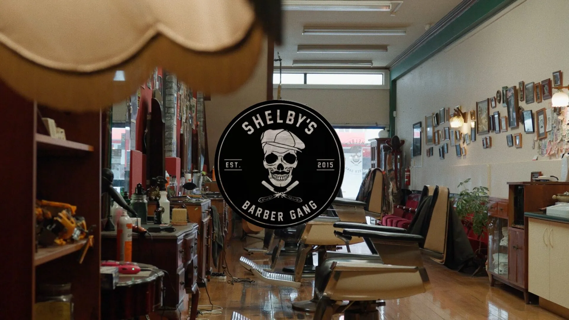 Inside Shelby’s Barber Gang in New Plymouth, showing the barbershop’s unique style.